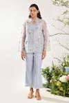 Shop_Meadow_Blue Jacket Silk Cotton Organza Embroidery Daisy Collared Neck Pant Set _Online_at_Aza_Fashions