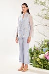 Buy_Meadow_Blue Jacket Silk Cotton Organza Embroidery Daisy Collared Neck Pant Set 