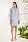 Buy_Meadow_Blue Dress Silk Cotton Organza Embroidery Daisy Collared Neck Sheer _at_Aza_Fashions