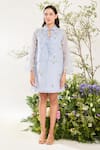 Buy_Meadow_Blue Dress Silk Cotton Organza Embroidery Daisy Collared Neck Sheer 