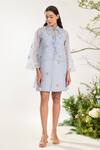 Meadow_Blue Silk Cotton Organza Embroidery Daisy Collared Neck Dress _at_Aza_Fashions