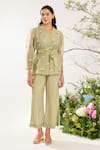 Buy_Meadow_Green Jacket Silk Cotton Organza Hand Embroidered Floral Jacket V Pant Set _at_Aza_Fashions