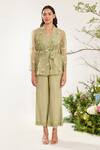 Meadow_Green Jacket Silk Cotton Organza Hand Embroidered Floral Jacket V Pant Set _at_Aza_Fashions