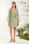 Buy_Meadow_Green Dress Silk Cotton Organza Hand Embroidered Floral Dress Notched Short _at_Aza_Fashions