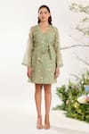 Meadow_Green Dress Silk Cotton Organza Hand Embroidered Floral Dress Notched Short _Online_at_Aza_Fashions