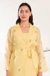 Meadow_Yellow Silk Cotton Organza Hand Embroidered Floral Notched Collar Sheer Dress _Online_at_Aza_Fashions