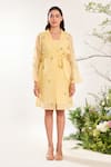 Buy_Meadow_Yellow Silk Cotton Organza Hand Embroidered Floral Notched Collar Sheer Dress _Online_at_Aza_Fashions