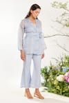 Shop_Meadow_Blue Jacket Silk Cotton Organza Hand Embroidered Floral V Neck Sheer _Online_at_Aza_Fashions