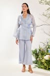 Shop_Meadow_Blue Jacket Silk Cotton Organza Hand Embroidered Floral Jacket Sheer Pant Set _Online_at_Aza_Fashions