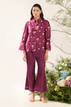 Buy_Meadow_Purple Silk Cotton Blend Hand Embroidered Floral Collared Shirt Pant Set _at_Aza_Fashions