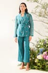 Buy_Meadow_Blue Jacket Silk Cotton Organza Embroidery Bloom Lapel Collar Pant Set _at_Aza_Fashions