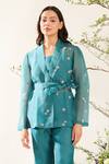 Shop_Meadow_Blue Jacket Silk Cotton Organza Embroidery Bloom Lapel Collar Pant Set _at_Aza_Fashions