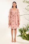 Buy_Meadow_Pink Silk Cotton Organza Embroidery Blossom Lapel Collar Coat Dress With Belt _at_Aza_Fashions