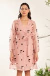 Meadow_Pink Silk Cotton Organza Embroidery Blossom Lapel Collar Coat Dress With Belt _Online_at_Aza_Fashions