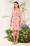 Buy_Meadow_Pink Silk Cotton Organza Embroidery Blossom Lapel Collar Coat Dress With Belt _Online_at_Aza_Fashions