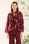 Buy_Meadow_Red Jacket Silk Cotton Organza Embroidery Floret Peter Pan Collar Neck Set _Online_at_Aza_Fashions