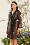 Meadow_Black Silk Cotton Organza Embroidery Floweret Cuban Collar Coat Dress With Belt _Online_at_Aza_Fashions