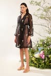 Shop_Meadow_Black Silk Cotton Organza Embroidery Floweret Cuban Collar Coat Dress With Belt _Online_at_Aza_Fashions