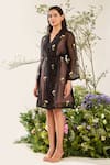 Meadow_Black Silk Cotton Organza Embroidery Floweret Cuban Collar Coat Dress With Belt _at_Aza_Fashions