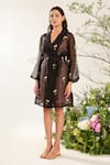 Meadow_Black Coat Dress Silk Cotton Organza Embroidery Floweret Cuban Collar Set _at_Aza_Fashions