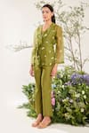 Shop_Meadow_Green Jacket Silk Cotton Organza Embroidery Daisy Glory Cuban Collar Pant Set _Online_at_Aza_Fashions