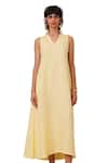 The Summer House_Yellow 100% Linen Solid U Neck Blake Midi Dress _Online_at_Aza_Fashions