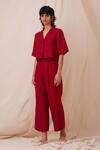 Shop_The Summer House_Red Linen Collared Clyde Solid Shirt And Trouser Co-ord Set_Online_at_Aza_Fashions