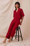 The Summer House_Red Linen Collared Clyde Solid Shirt And Trouser Co-ord Set_Online