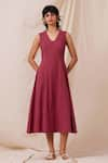 Buy_The Summer House_Maroon Organic Cotton Dobby Solid U Neck Emy Flared Dress _at_Aza_Fashions