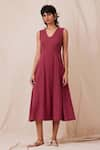 The Summer House_Maroon Organic Cotton Dobby Solid U Neck Emy Flared Dress _Online_at_Aza_Fashions