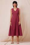 Buy_The Summer House_Maroon Organic Cotton Dobby Solid U Neck Emy Flared Dress _Online_at_Aza_Fashions