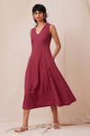 Shop_The Summer House_Maroon Organic Cotton Dobby Solid U Neck Emy Flared Dress _Online_at_Aza_Fashions