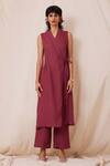 The Summer House_Maroon Linen Flori Solid Trouser_Online_at_Aza_Fashions