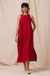 Buy_The Summer House_Red 100% Linen Solid Round Pippa Midi Dress _at_Aza_Fashions