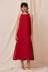 The Summer House_Red 100% Linen Solid Round Pippa Midi Dress _Online_at_Aza_Fashions