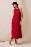 Shop_The Summer House_Red 100% Linen Solid Round Pippa Midi Dress _Online_at_Aza_Fashions