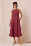 Buy_The Summer House_Maroon 100% Linen Solid Square Neck Suzie Flared Dress _at_Aza_Fashions