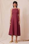 The Summer House_Maroon 100% Linen Solid Square Neck Suzie Flared Dress _Online_at_Aza_Fashions