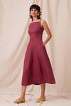 Shop_The Summer House_Maroon 100% Linen Solid Square Neck Suzie Flared Dress _Online_at_Aza_Fashions