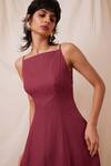 The Summer House_Maroon 100% Linen Solid Square Neck Suzie Flared Dress _at_Aza_Fashions