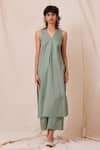 Buy_The Summer House_Green Cotton Twill Solid V Neck Svet Tunic And Trouser Co-ord Set _at_Aza_Fashions