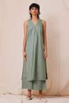 The Summer House_Green Cotton Twill Solid V Neck Svet Tunic And Trouser Co-ord Set _Online_at_Aza_Fashions