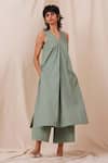 Shop_The Summer House_Green Cotton Twill Solid V Neck Sea Salt Tunic And Trouser Set _Online_at_Aza_Fashions