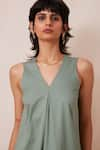 The Summer House_Green Cotton Twill Solid V Neck Sea Salt Tunic And Trouser Set _at_Aza_Fashions