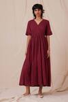 Buy_The Summer House_Maroon Organic Cotton Voile Solid V Neck Wonda Flared Dress _at_Aza_Fashions