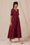 The Summer House_Maroon Organic Cotton Voile Solid V Neck Wonda Flared Dress _Online_at_Aza_Fashions