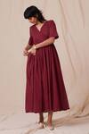 Buy_The Summer House_Maroon Organic Cotton Voile Solid V Neck Wonda Flared Dress _Online_at_Aza_Fashions