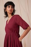 Shop_The Summer House_Maroon Organic Cotton Voile Solid V Neck Wonda Flared Dress _Online_at_Aza_Fashions