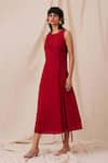 The Summer House_Red 100% Linen Solid Round Yola Dress _Online_at_Aza_Fashions