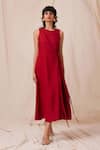 Shop_The Summer House_Red 100% Linen Solid Round Yola Dress _Online_at_Aza_Fashions